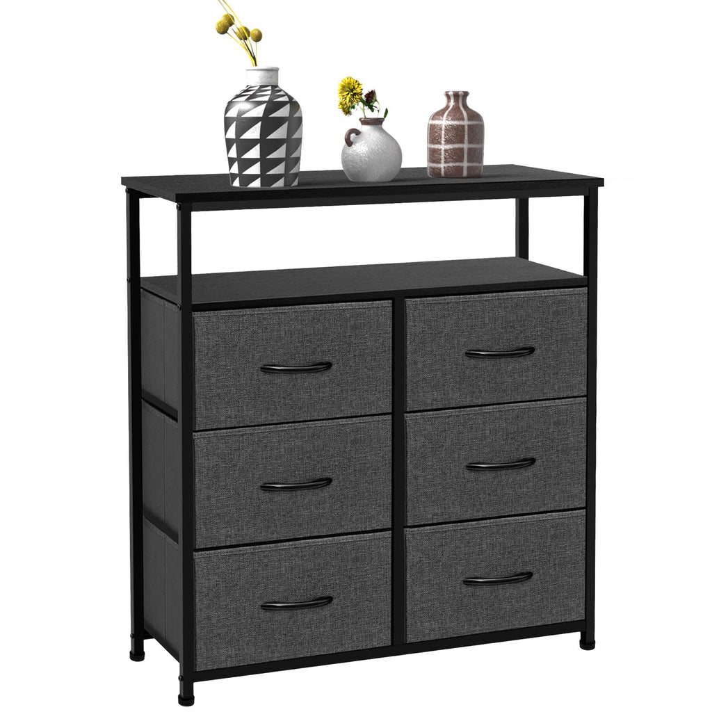 LIFERECORD 6 Drawers Dresser TV Stand with Storage Entertainment Center Dresser with Open Storage Shelf for Bedroom Living Room, Grey