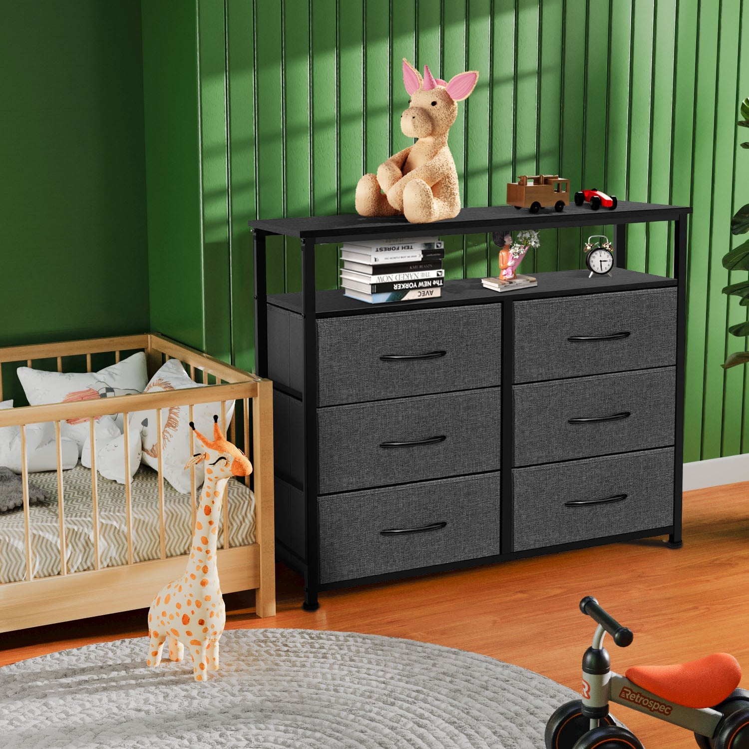 LIFERECORD 6 Drawers Dresser TV Stand with Storage Entertainment Center Dresser with Open Storage Shelf for Bedroom Living Room, Grey