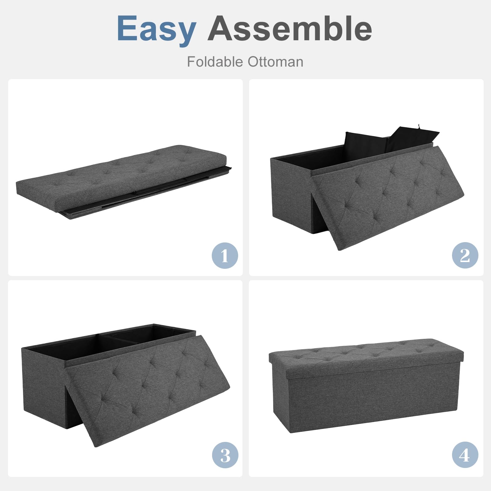 ACCVER 43 Inches Foldable Storage Ottoman Bench - 660lbs Large Padded Seat Foot Rest w/ 154L Storage Chest, for Bedroom, Living Room & Entryway, Linen Grey
