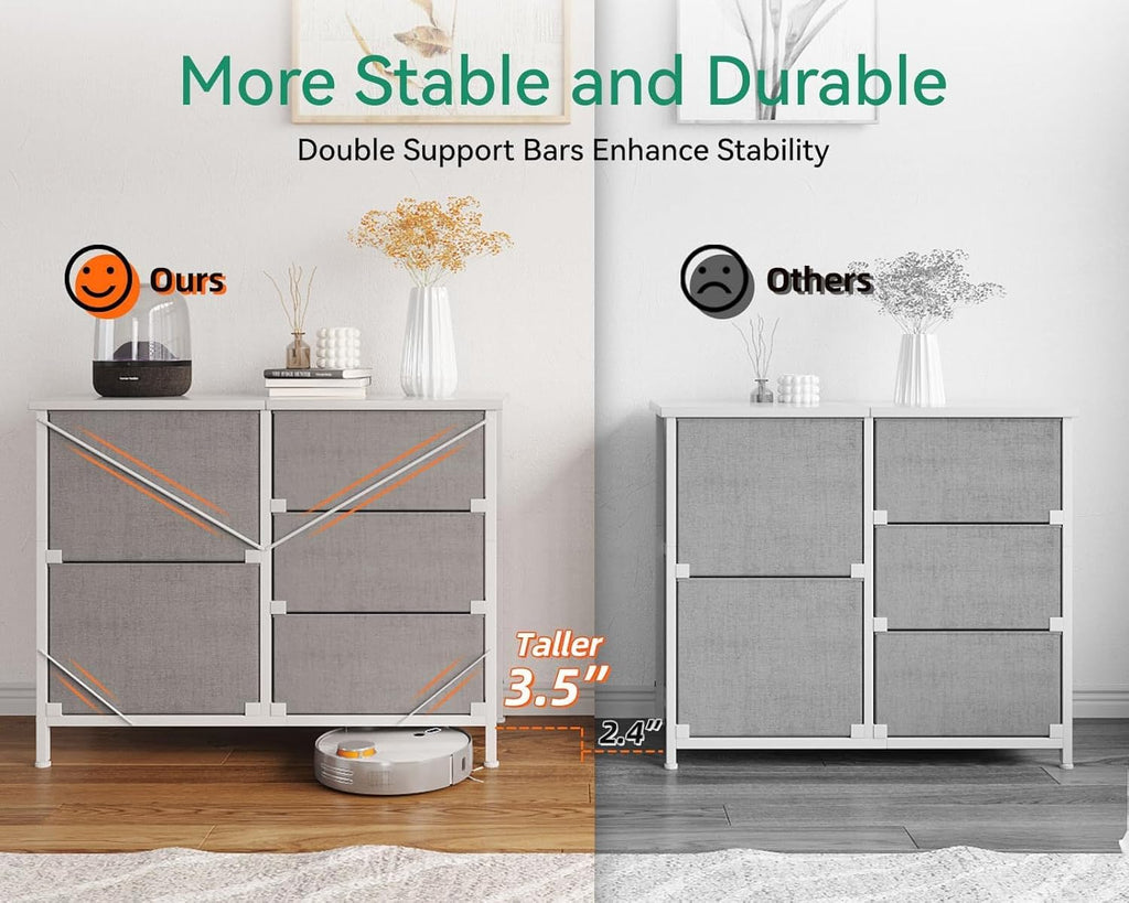 ACCVER 5-Drawer Fabric Dresser with Wood Top & Metal Frame, Closet and Chest for Bedroom, Clothes Storage Organizer, for Living Room, Apartment,Grey