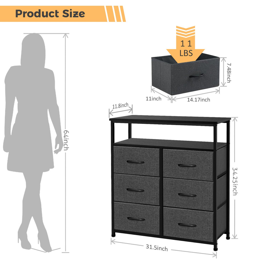 LIFERECORD 6 Drawers Dresser TV Stand with Storage Entertainment Center Dresser with Open Storage Shelf for Bedroom Living Room, Grey