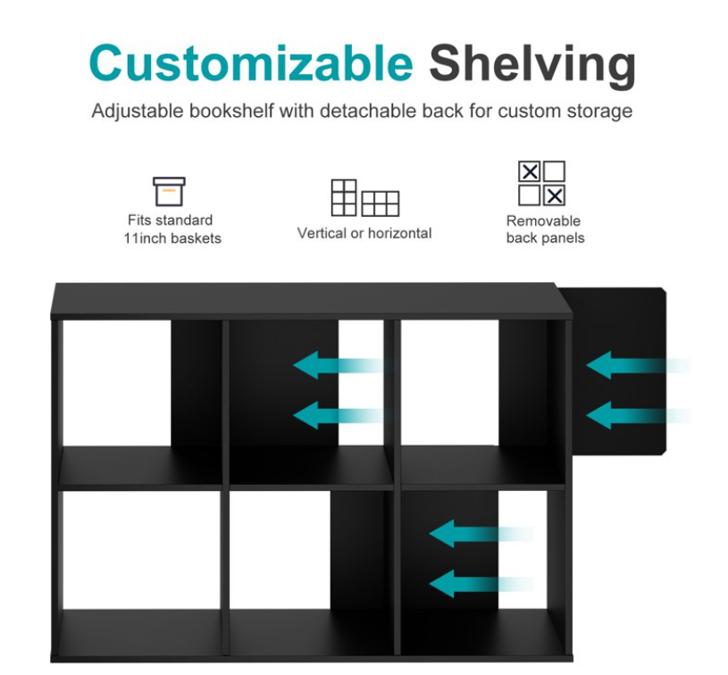 LIFERECORD 6 Cube Storage Organizer, 11x11 Cube Bookshelf with 3 Removable Back Panels, Open Cube Shelf for Living Room, Bedroom, Home Office, Kids Room, 35.9" L x 11.6" W x 23.2" H Black