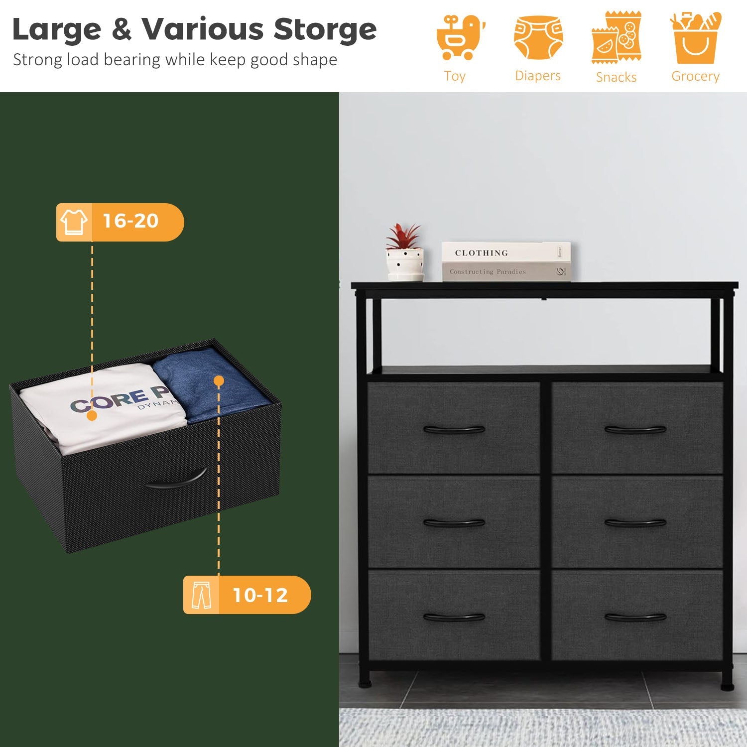 LIFERECORD 6 Drawers Dresser TV Stand with Storage Entertainment Center Dresser with Open Storage Shelf for Bedroom Living Room, Grey