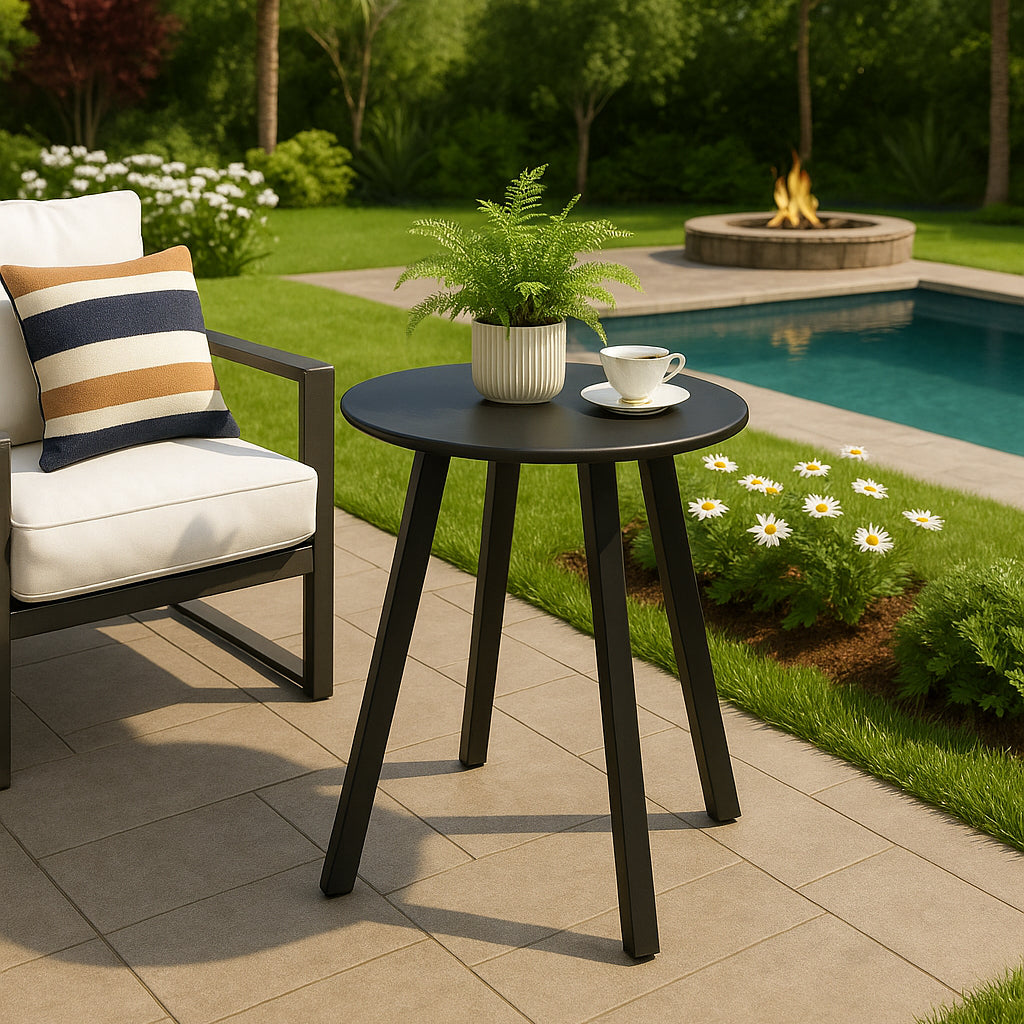 LIFERECORD Small Side Table – Indoor & Outdoor Steel Powder Coated Round Patio Table with Square Legs for Patio, Living Room, Bedroom, Black