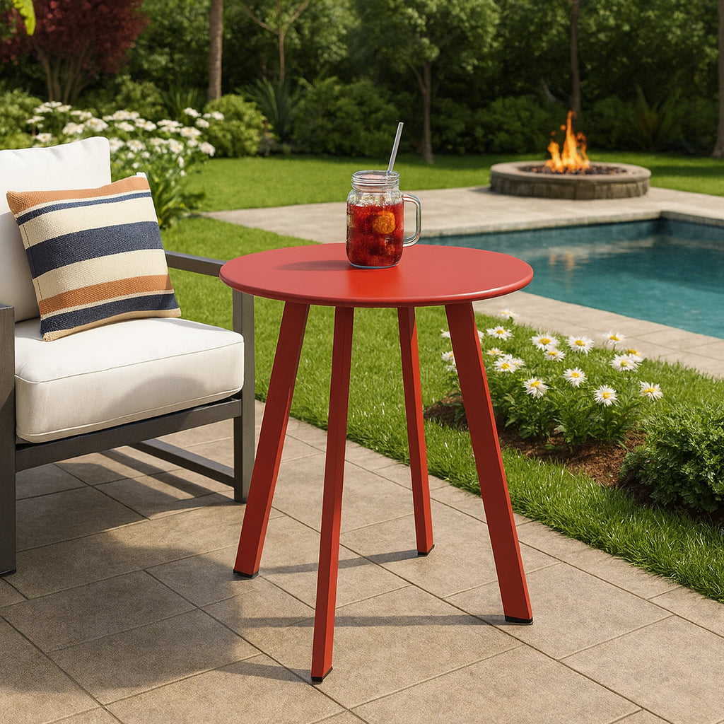 LIFERECORD Small Side Table – Indoor & Outdoor Steel Powder Coated Round Patio Table with Square Legs for Patio, Living Room, Bedroom, Red