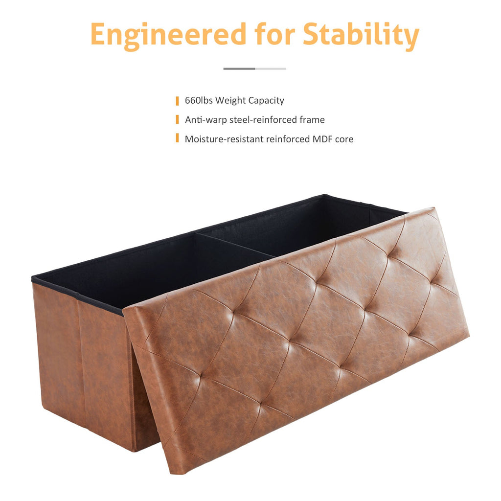 ACCVER 43" Storage Bench - Faux Leather Foldable Ottoman Upholstered Entryway Bench, 660lbs Large End of Bed Bench with Storage Chest for Bedroom, Living Room, Brown