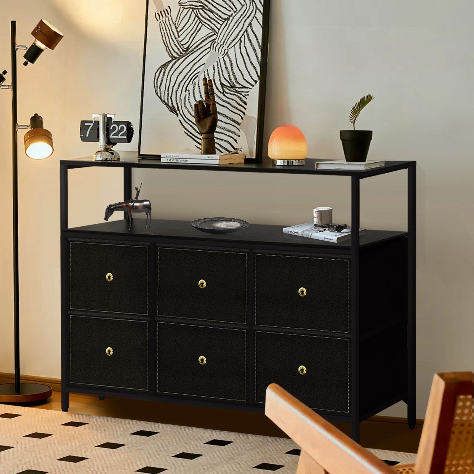 ACCVER 6-Drawer Dresser with Shelves, TV Stand with Fabric Drawers for Living Room, Closet and Chest for Bedroom & Apartment, Clothes Storage Organizer, Black