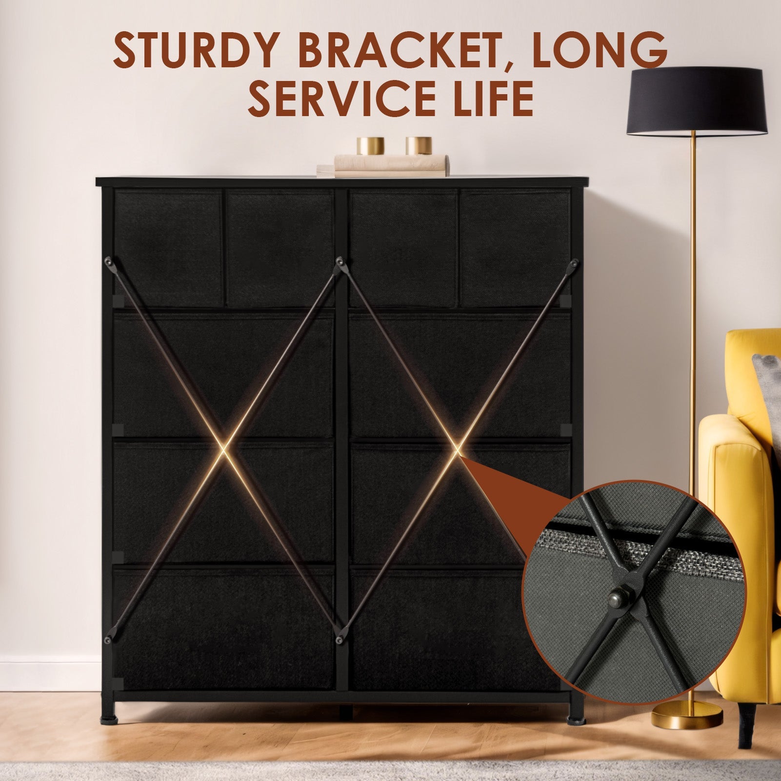 ACCVER Dresser for Bedroom 10 Storage drawer, Fabric Closet Chests Organizer Tower with Wooden Top Metal Frame for Living Room Hallway Entryway