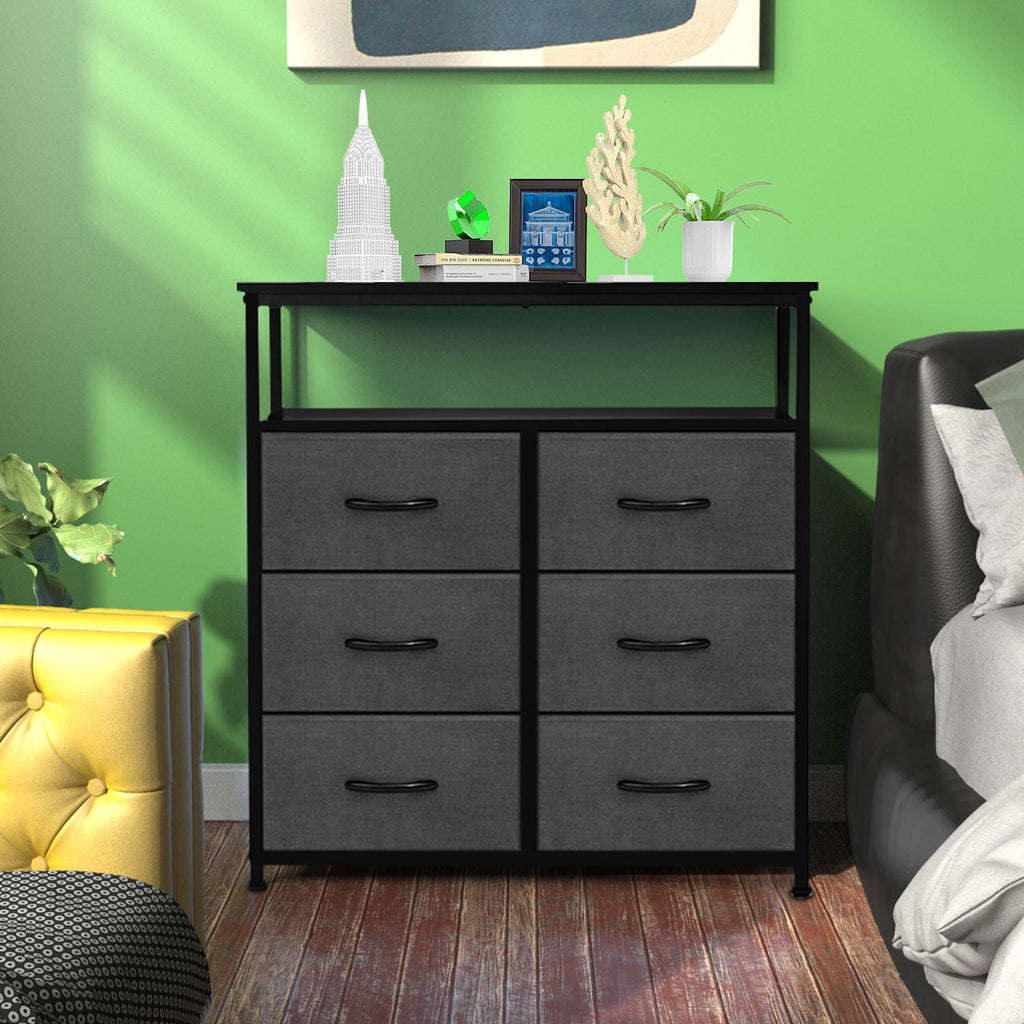 LIFERECORD 6 Drawers Dresser TV Stand with Storage Entertainment Center Dresser with Open Storage Shelf for Bedroom Living Room, Grey