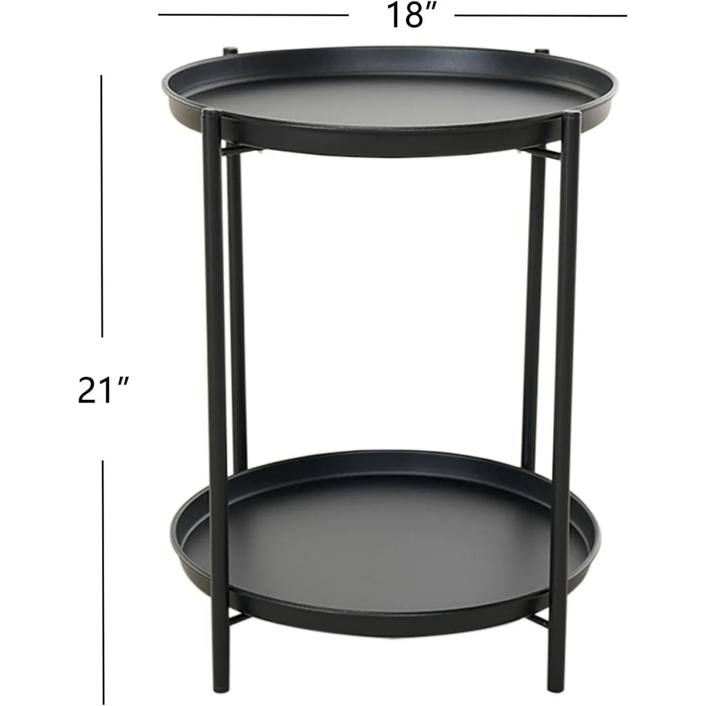 LIFERECORD 2-Tier Round Metal End Table with Removable Tray – Small Space-Saving Side Table for Living Room, Bedroom, Balcony, Patio, Black