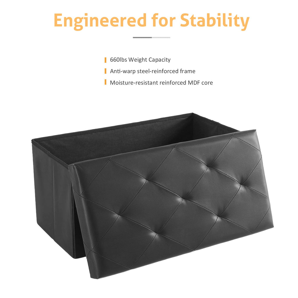 ACCVER 30" Storage Bench - Faux Leather Foldable Ottoman Upholstered Entryway Bench, 400lbs Large End of Bed Bench with Storage Chest for Bedroom, Living Room, Black