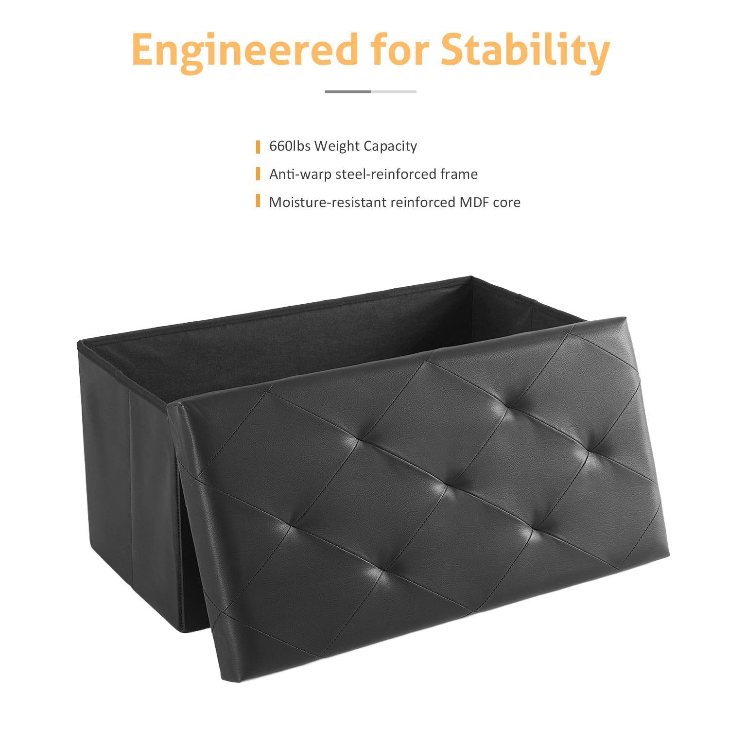 ACCVER 30" Storage Bench - Faux Leather Foldable Ottoman Upholstered Entryway Bench, 400lbs Large End of Bed Bench with Storage Chest for Bedroom, Living Room, Black