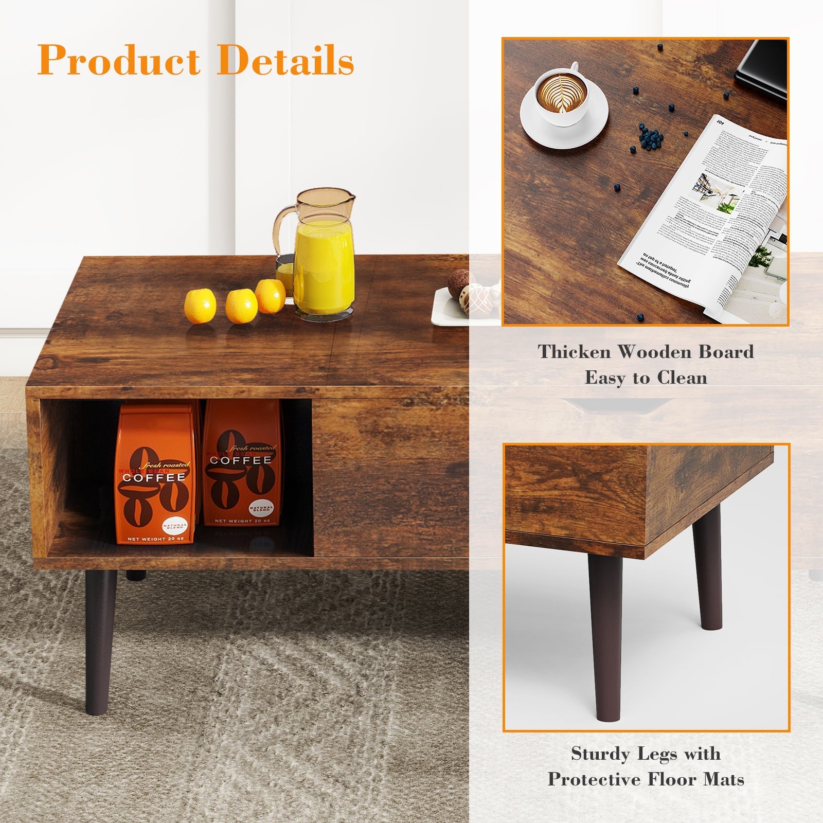 LIFERECORD Lift Top Coffee Table with Hidden Compartment, Wooden Center Tables with Storage Shelf for Living Room, Reception Room, Brown