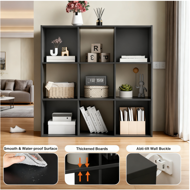 LIFERECORD 9 Cube Storage Organizer, 11x11 Cube Bookshelf with 5 Removable Back Panels, Open Cube Shelf for Living Room, Bedroom, Home Office, Kids Room, 35.9" L x 11.6" W x 35.2" H Black