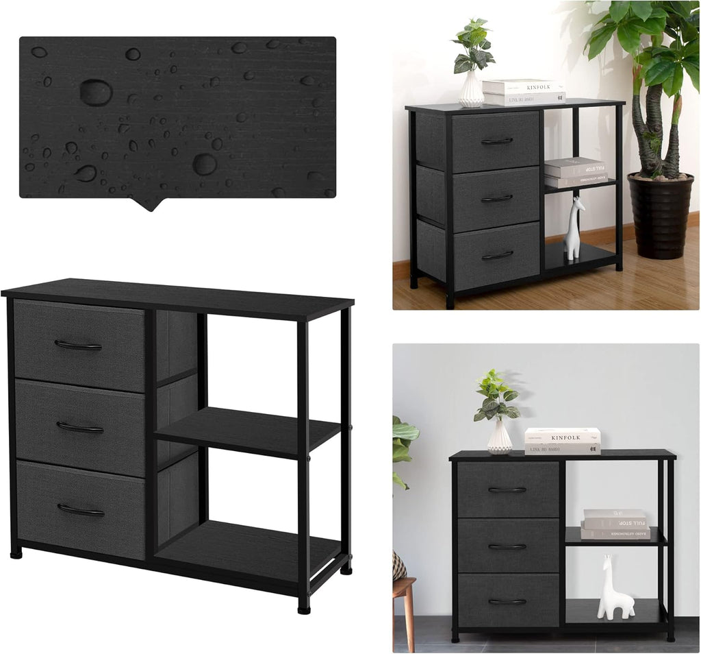 ACCVER 3-Drawer Fabric Dresser with Shelves, Closet and Chest for Bedroom, Clothes Storage Organizer, for Living Room, Apartment, Dark Grey