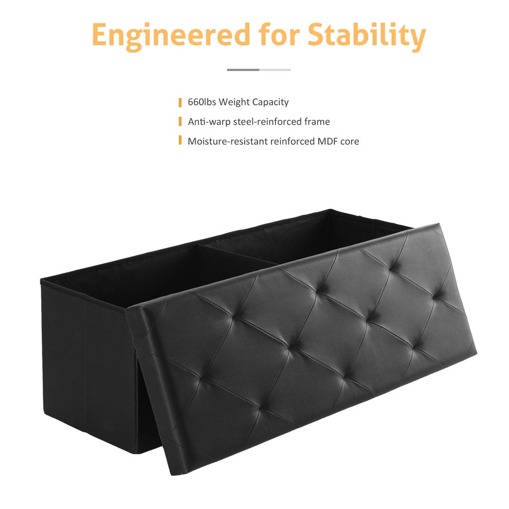 ACCVER 43" Storage Bench - Faux Leather Foldable Ottoman Upholstered Entryway Bench, 660lbs Large End of Bed Bench with Storage Chest for Bedroom, Living Room, Black