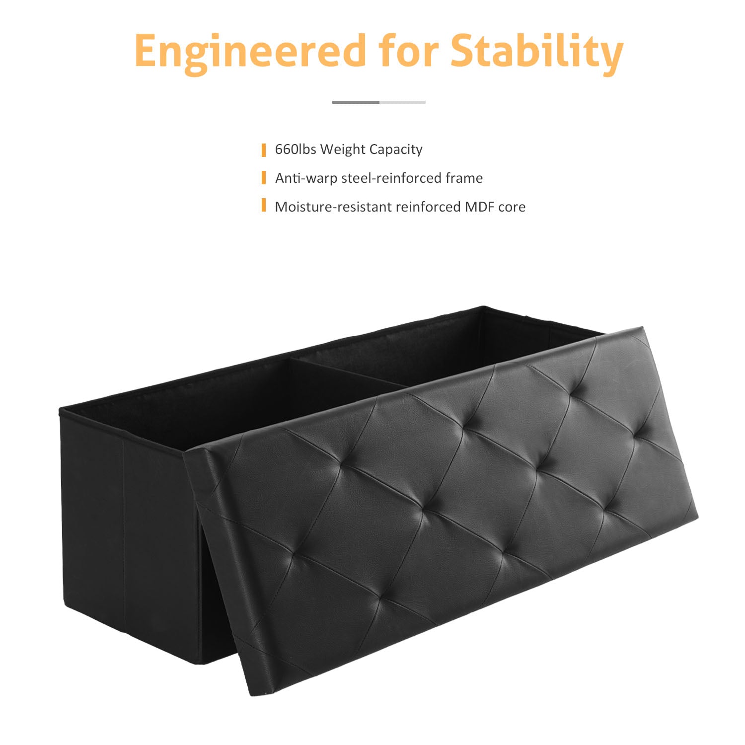 ACCVER 43" Storage Bench - Faux Leather Foldable Ottoman Upholstered Entryway Bench, 660lbs Large End of Bed Bench with Storage Chest for Bedroom, Living Room, Black