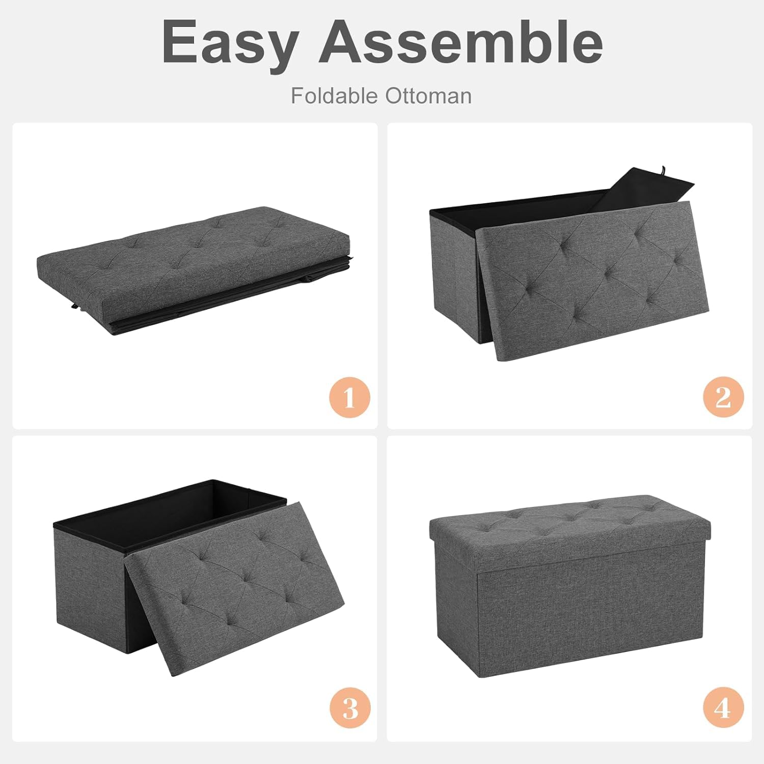 ACCVER 30 Inches Foldable Storage Ottoman Bench - 660lbs Large Padded Seat Foot Rest w/ 154L Storage Chest, for Bedroom, Living Room & Entryway, Linen Grey