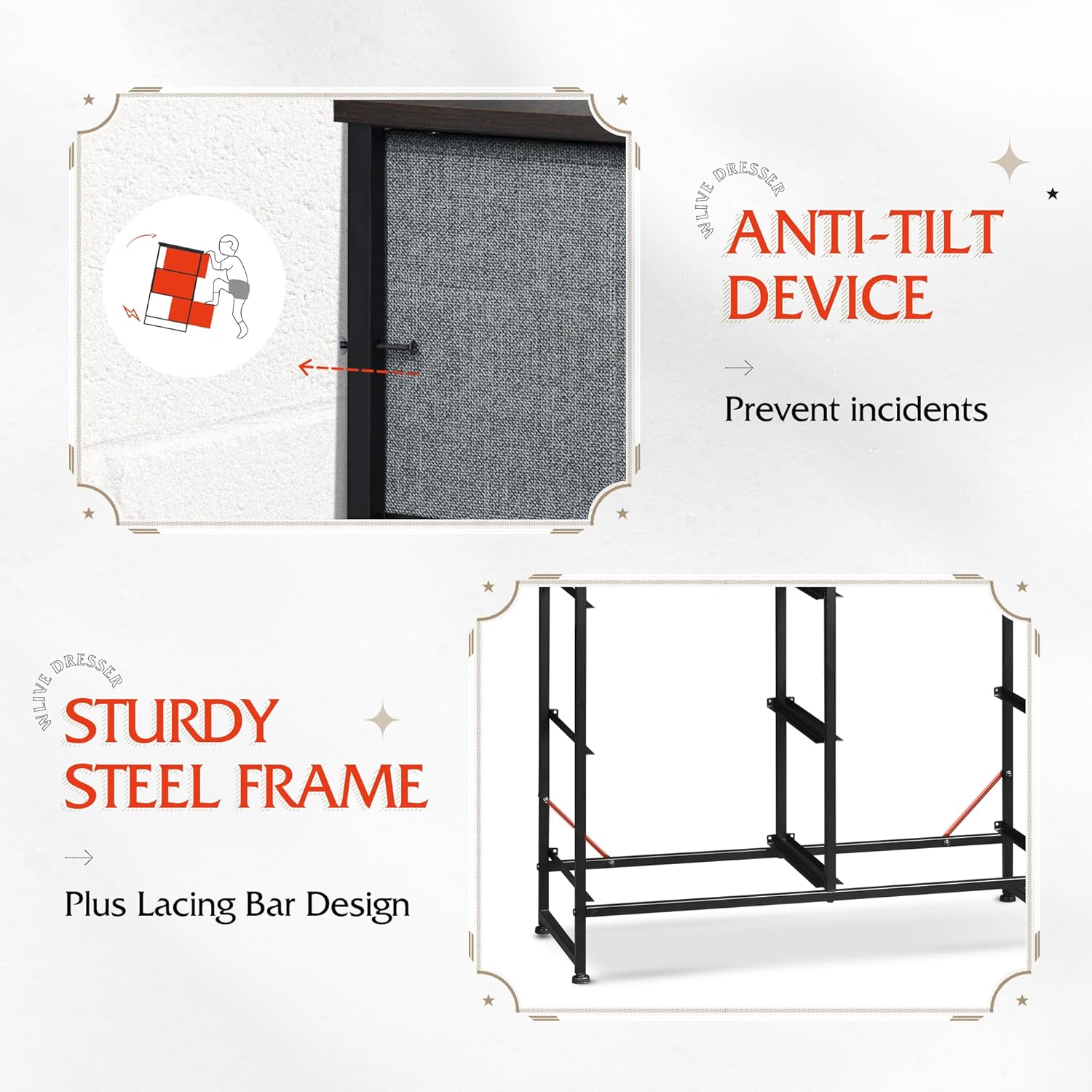 ACCVER Dresser for Bedroom 6 Storage drawer, Fabric Closet Chests Organizer Tower with Wooden Top Metal Frame for Living Room Hallway Entryway