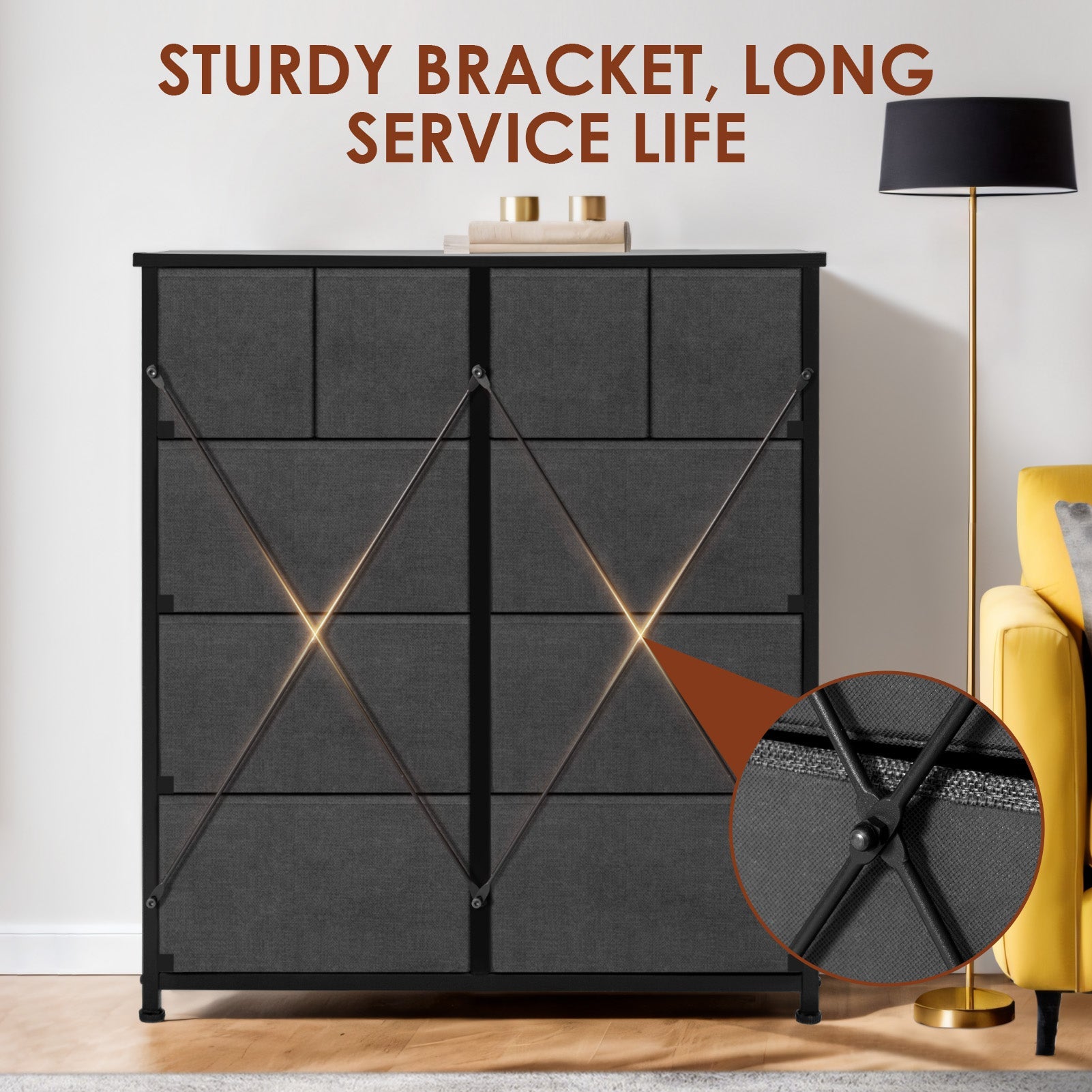 ACCVER Dresser for Bedroom 10 Storage drawer, Fabric Closet Chests Organizer Tower with Wooden Top Metal Frame for Living Room Hallway Entryway