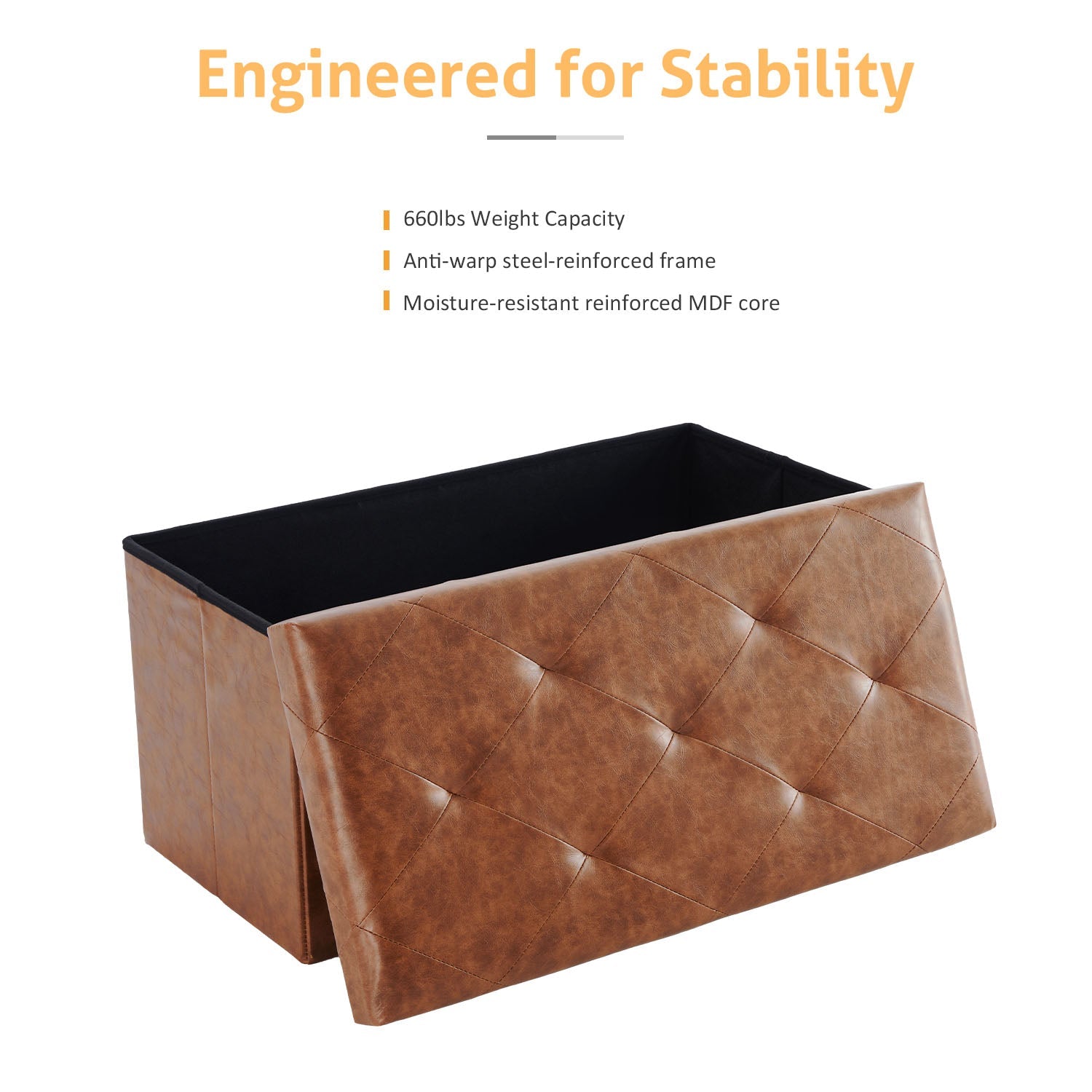 ACCVER 30" Storage Bench - Faux Leather Foldable Ottoman Upholstered Entryway Bench, 400lbs Large End of Bed Bench with Storage Chest for Bedroom, Living Room, Brown