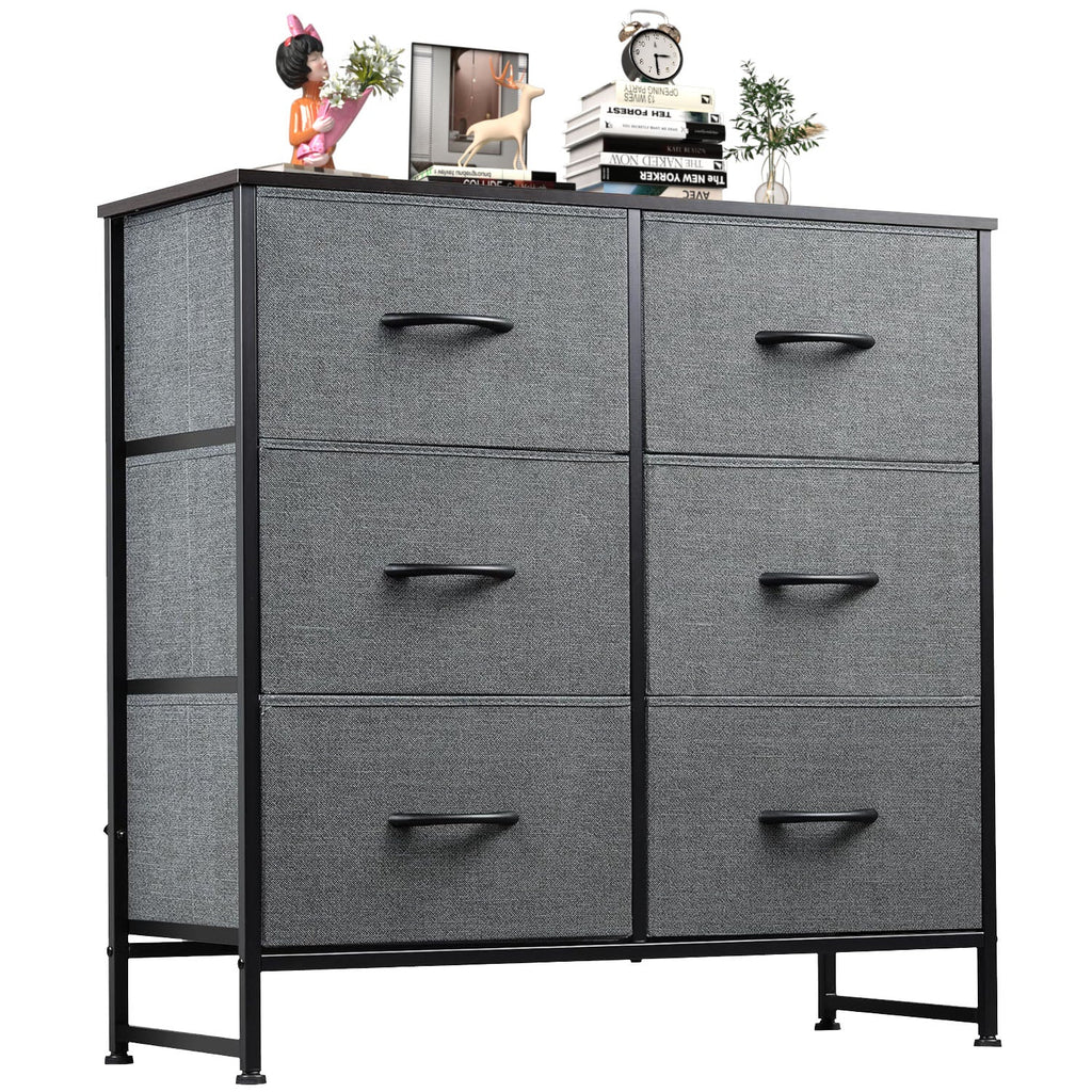 LIFERECORD 6 Drawers Dresser, Fabric Storage Closet Chests Organizer Tower with Wooden Top Metal Frame for Bedroom Living Room Hallway Entryway, Grey