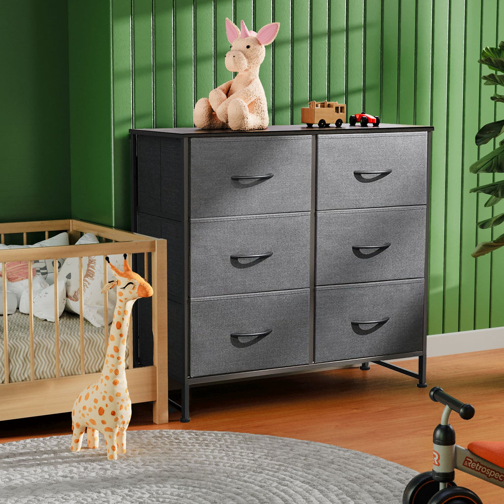 LIFERECORD 6 Drawers Dresser, Fabric Storage Closet Chests Organizer Tower with Wooden Top Metal Frame for Bedroom Living Room Hallway Entryway, Grey