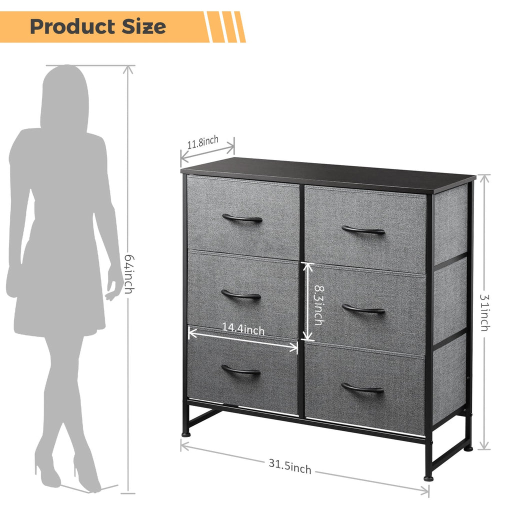 LIFERECORD 6 Drawers Dresser, Fabric Storage Closet Chests Organizer Tower with Wooden Top Metal Frame for Bedroom Living Room Hallway Entryway, Grey