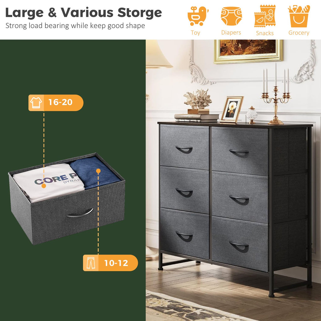 LIFERECORD 6 Drawers Dresser, Fabric Storage Closet Chests Organizer Tower with Wooden Top Metal Frame for Bedroom Living Room Hallway Entryway, Grey