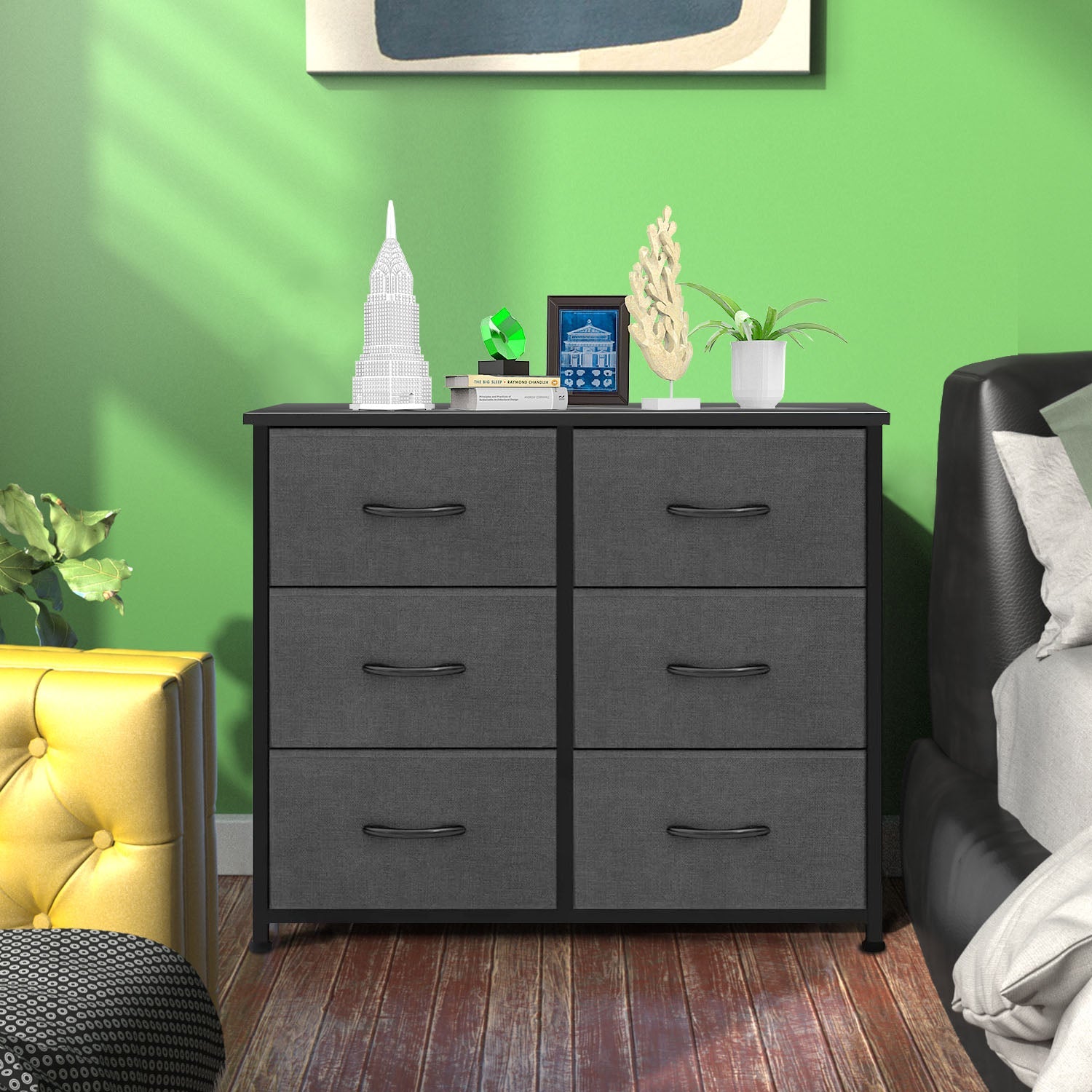 LIFERECORD 6 Drawers Dresser, Fabric Storage Closet Chests Organizer Tower with Wooden Top Metal Frame for Bedroom Living Room Hallway Entryway, Grey