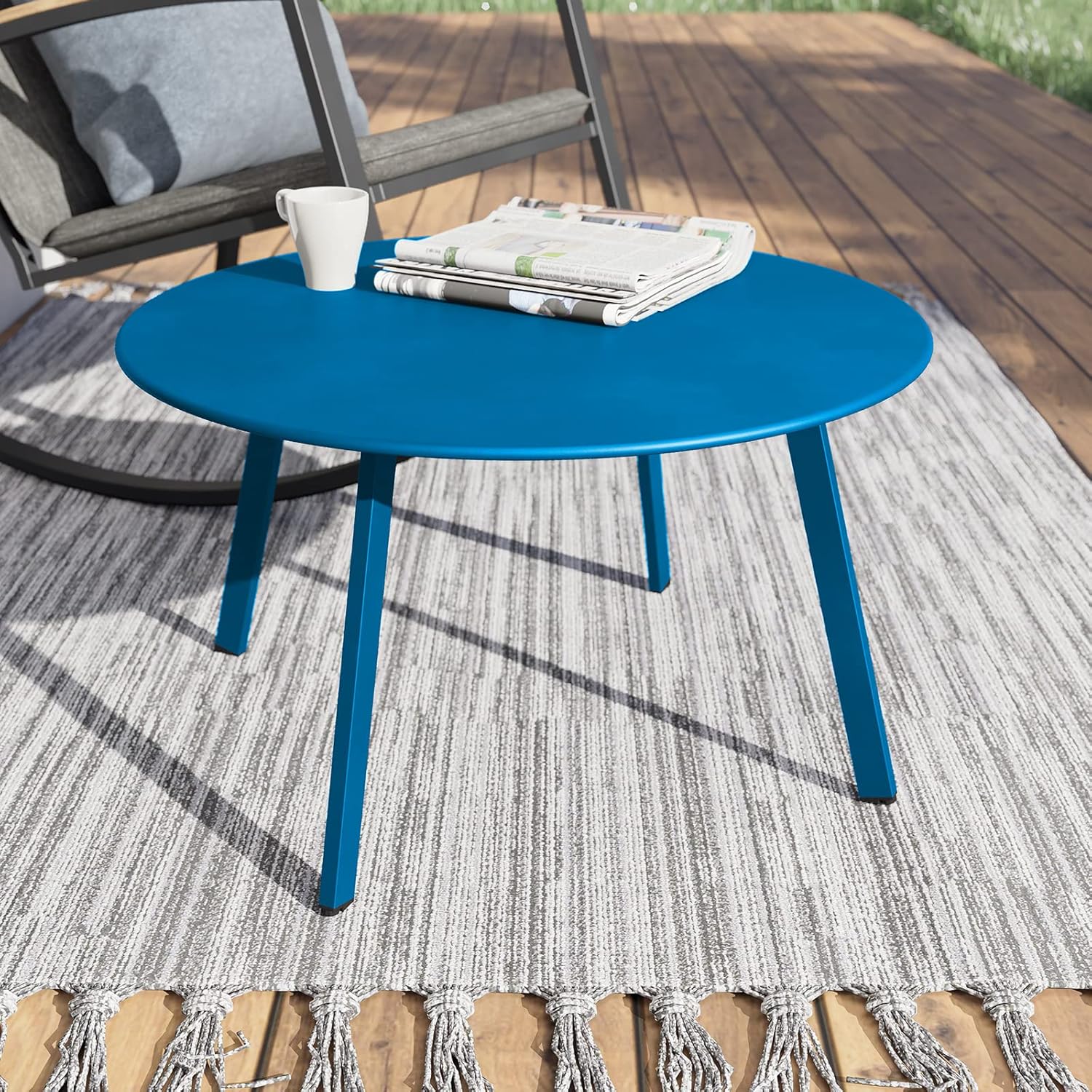 ACCVER 28 Inch Round Outdoor Coffee Table - Weatherproof Steel Patio Side Table for Deck, Backyard Outdoor & Indoor Use, Peacock Blue
