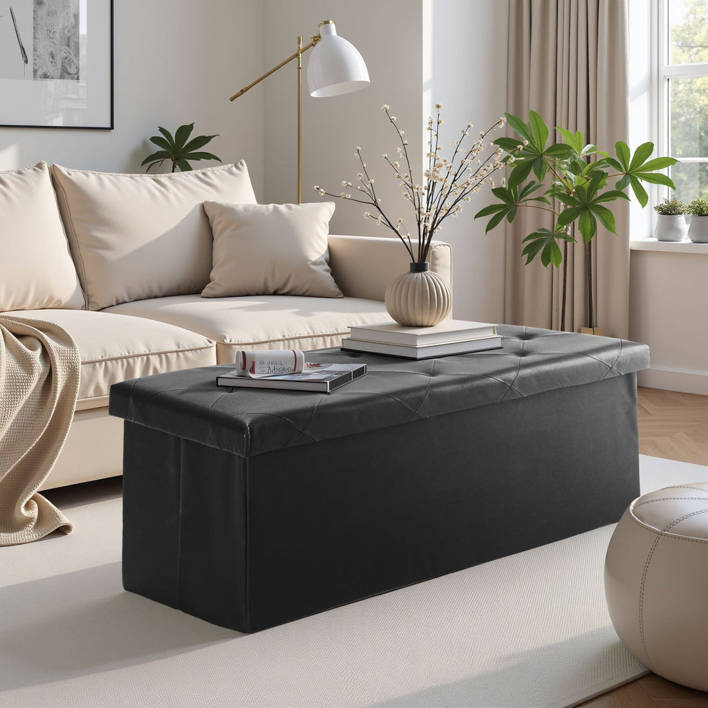 ACCVER 43" Storage Bench - Faux Leather Foldable Ottoman Upholstered Entryway Bench, 660lbs Large End of Bed Bench with Storage Chest for Bedroom, Living Room, Black