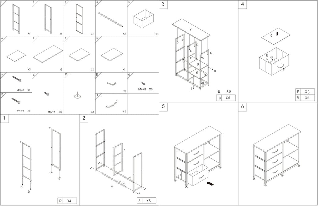 ACCVER 3-Drawer Fabric Dresser with Shelves, Closet and Chest for Bedroom, Clothes Storage Organizer, for Living Room, Apartment, Dark Grey