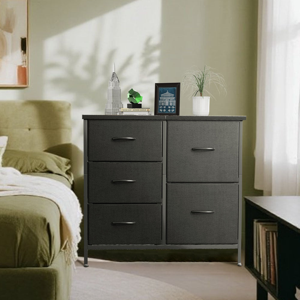 ACCVER 5-Drawer Fabric Dresser with Wood Top & Metal Frame, Closet and Chest for Bedroom, Clothes Storage Organizer, for Living Room, Apartment,Black