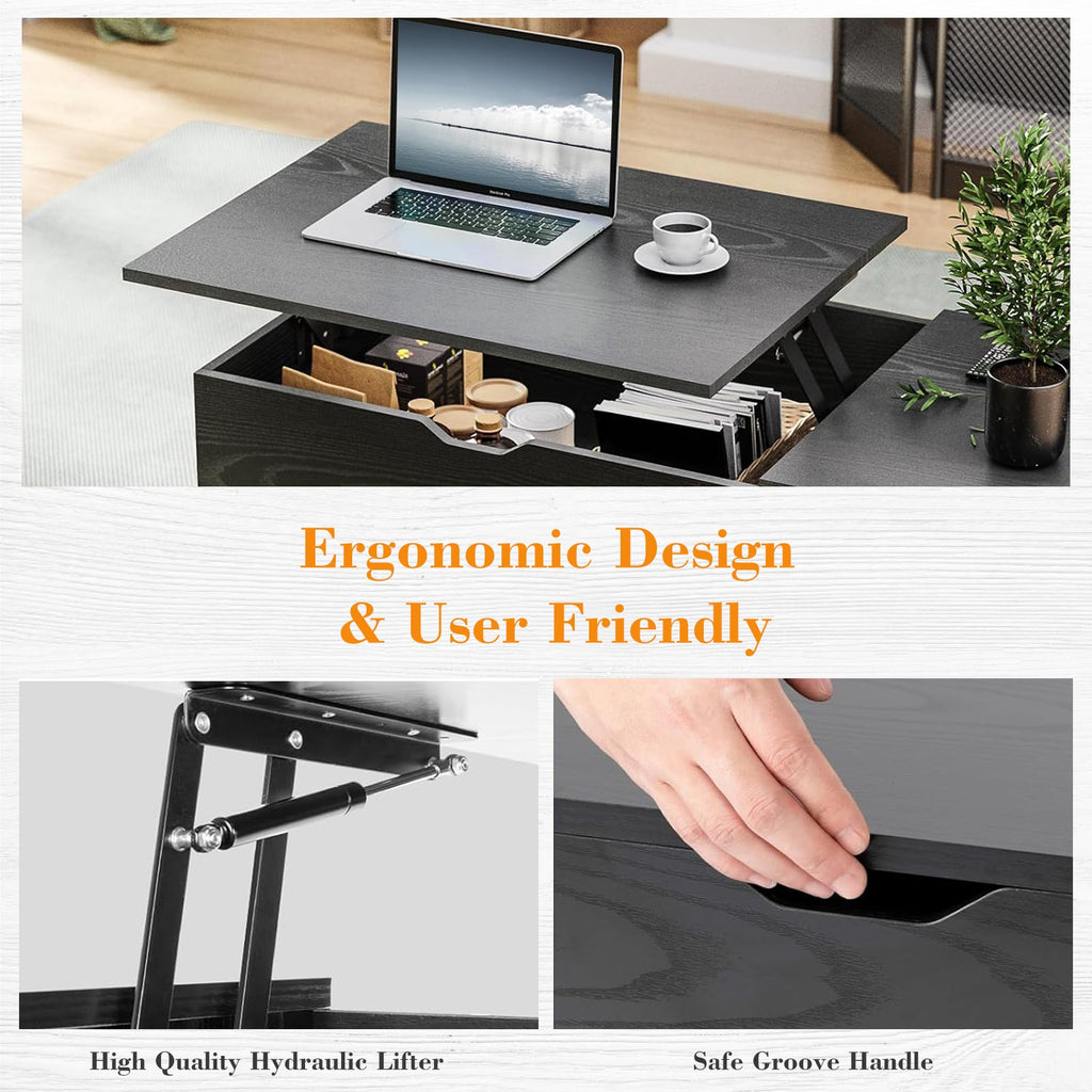 LIFERECORD Lift Top Coffee Table with Hidden Compartment, Wooden Center Tables with Storage Shelf for Living Room, Reception Room, Classic Black