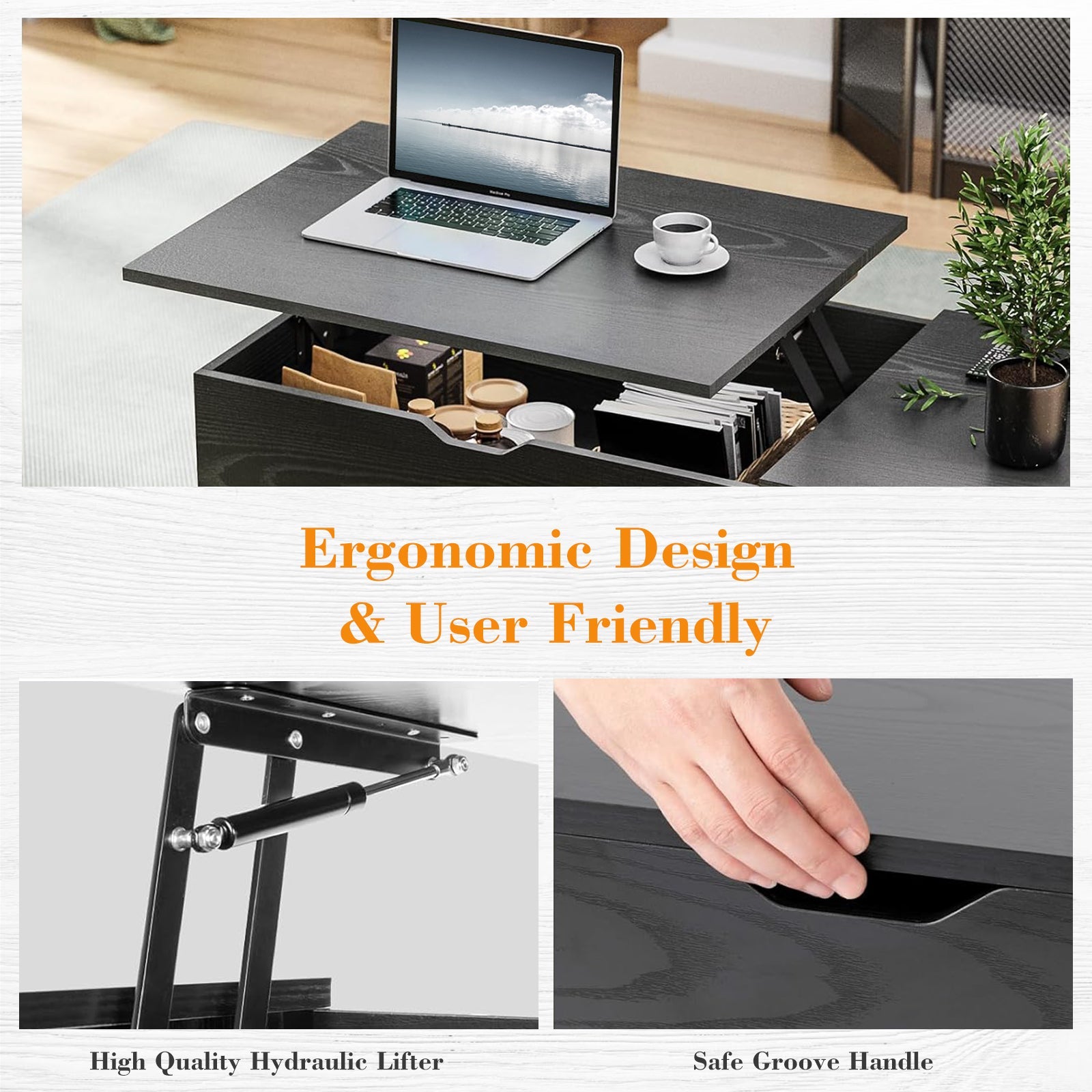 LIFERECORD Lift Top Coffee Table with Hidden Compartment, Wooden Center Tables with Storage Shelf for Living Room, Reception Room, Classic Black