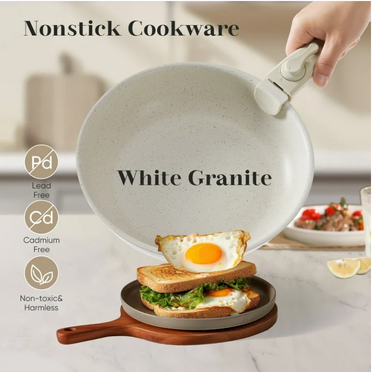 LIFERECORD 12-Piece Nonstick Pots and Pans Set, Granite Coating Cookware Set with Detachable Handle, Induction Compatible, Oven & Dishwasher Safe, Includes Frying Pans, Saucepan & Utensils Beige