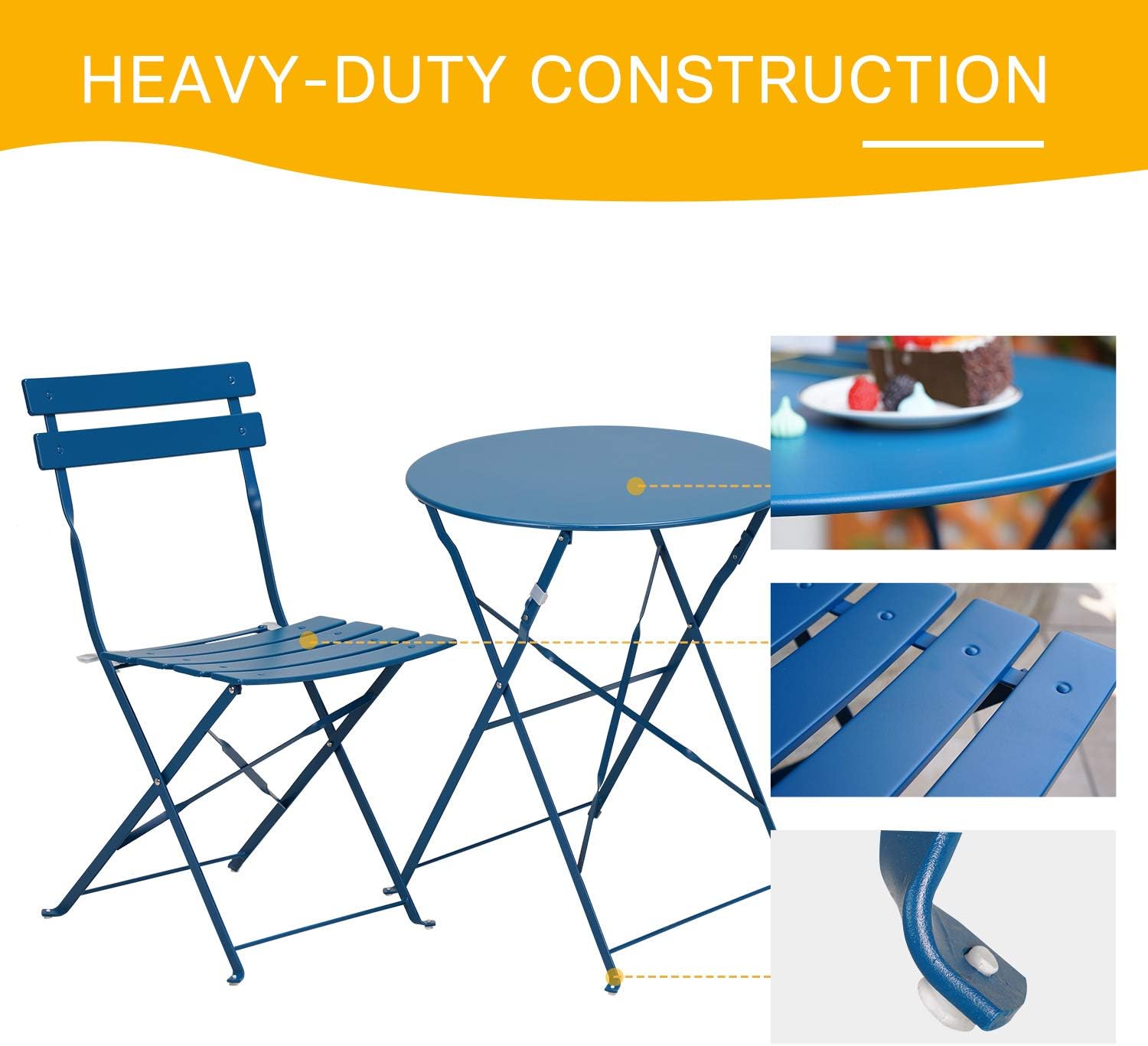 3-Piece Folding Bistro Set, 2 Chairs and 1 Table, Weather-Resistant Outdoor Indoor Conversation Set for Patio, Yard, Blue