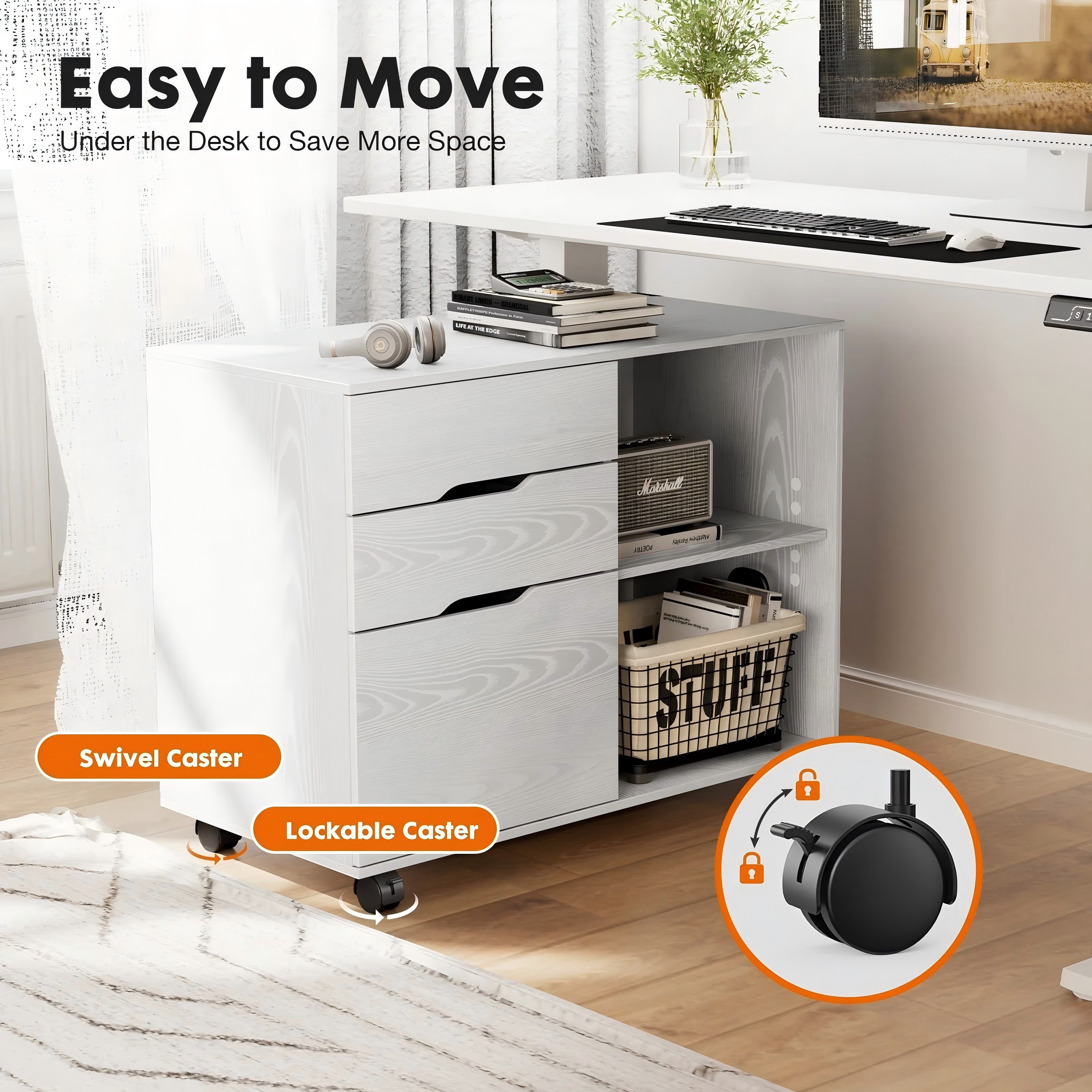 LIFERECORD 3-Drawer Lateral File Cabinet with Wheels, Mobile Rolling File Cabinet with Adjustable Shelf, Printer Stand for Home Office, Under Desk Storage Organizer, Wood Filing Cabinet White