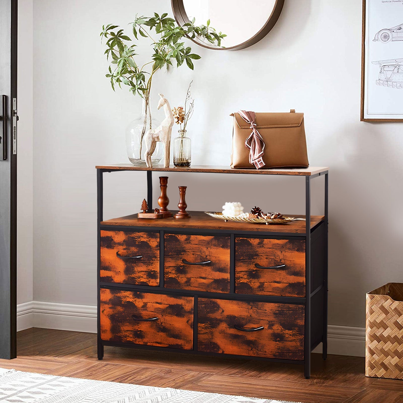 ACCVER 5-Drawer Dresser with Shelves, TV Stand with Fabric Drawers for Living Room, Closet and Chest for Bedroom & Apartment, Clothes Storage Organizer, Brown