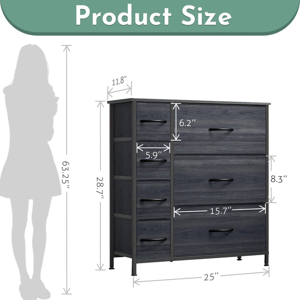 ACCVER 7-Drawer Fabric Dresser with Wood Top & Metal Frame, Closet and Chest for Bedroom, Clothes Storage Organizer, for Living Room, Apartment,Black