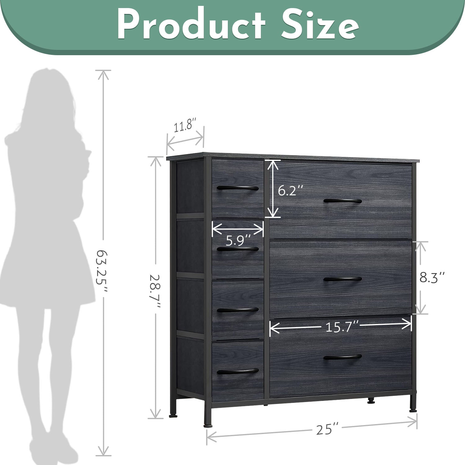 ACCVER 7-Drawer Fabric Dresser with Wood Top & Metal Frame, Closet and Chest for Bedroom, Clothes Storage Organizer, for Living Room, Apartment,Black