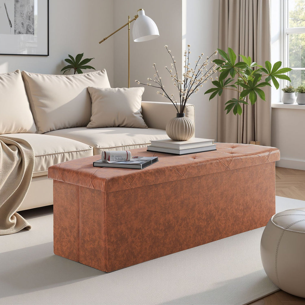 ACCVER 43" Storage Bench - Faux Leather Foldable Ottoman Upholstered Entryway Bench, 660lbs Large End of Bed Bench with Storage Chest for Bedroom, Living Room, Brown