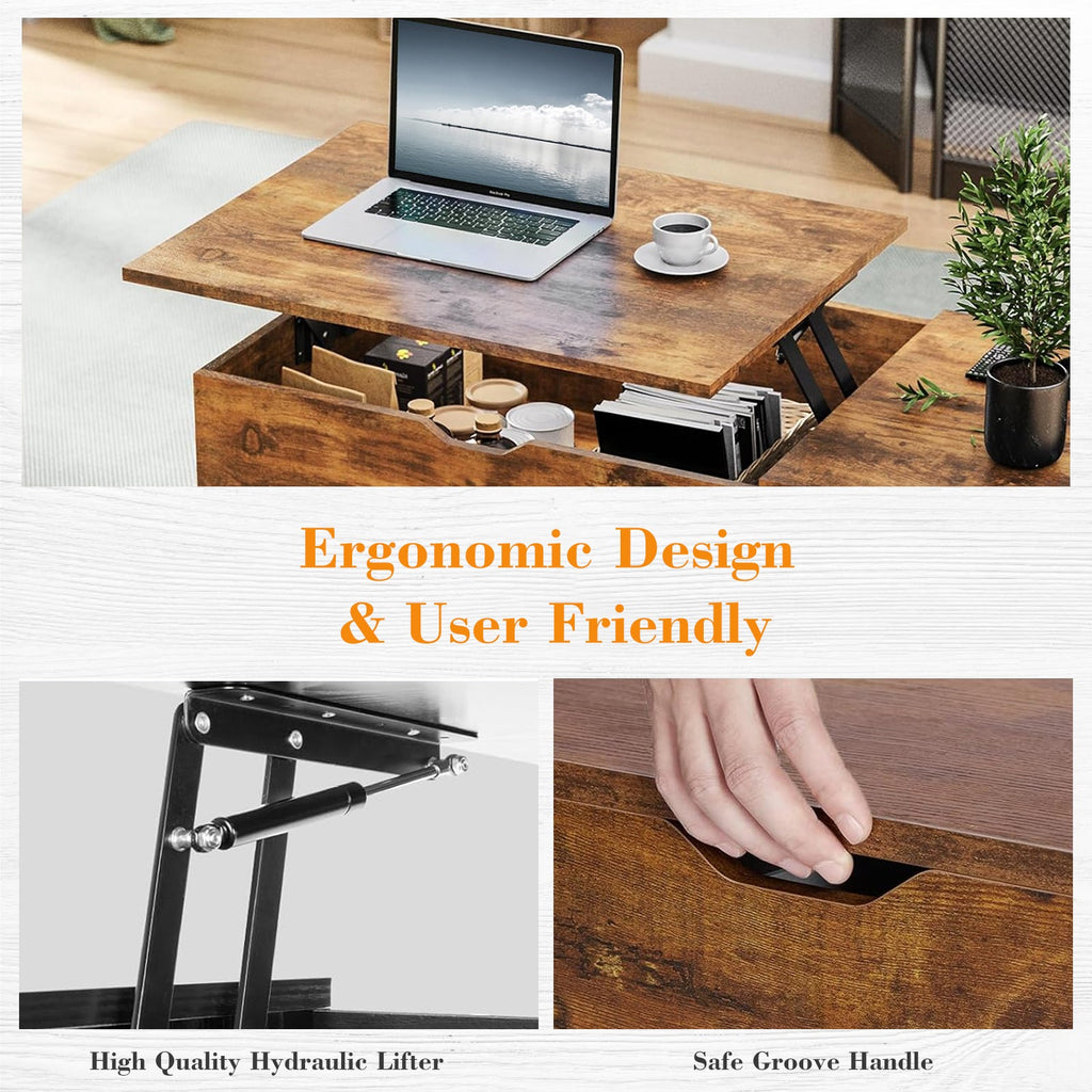 LIFERECORD Lift Top Coffee Table with Hidden Compartment, Wooden Center Tables with Storage Shelf for Living Room, Reception Room, Brown