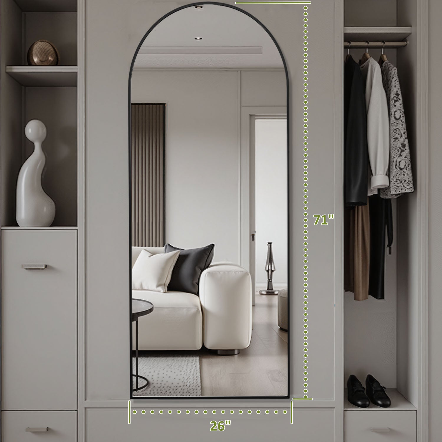 ACCVER 26"x71" Full Length Mirror - Classic Standing Mirror, Durable Aluminum Frame & Tempered Glass, Lean-to or Wall Mount for Bedroom/Dressing Room/Living Room, Arhced, Black