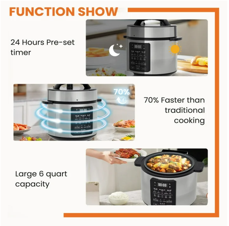 LIFERECORD Electric Pressure Cooker 6 Quart, 9-in-1 Multi Cooker with Stainless Steel Housing, Smart Slow Cooker, Rice Cooker, Steamer & Yogurt Maker for Family Meals