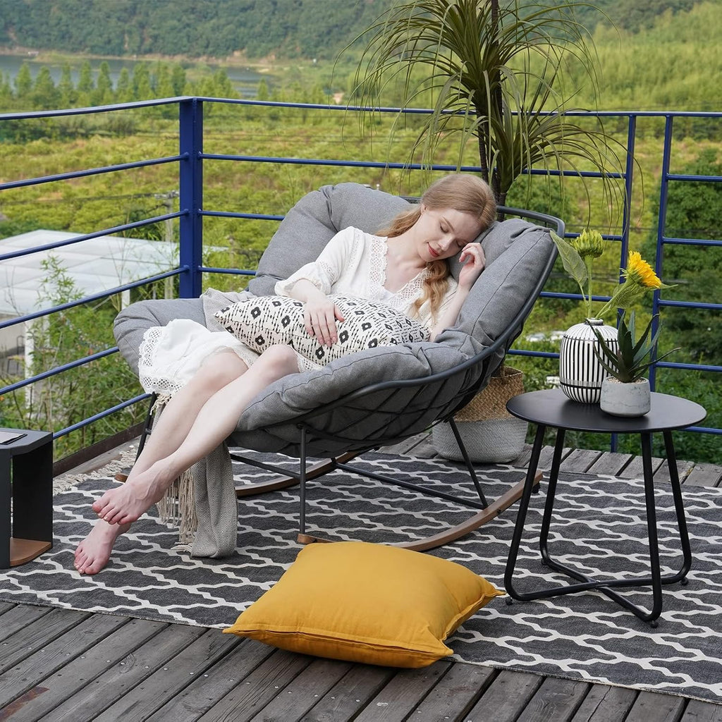 Outdoor Rocking Chair E-Coated Rocking Chair with Cushion Outdoor Rocker Recliner Chair for Patio Porch Garden Backyard, Gray