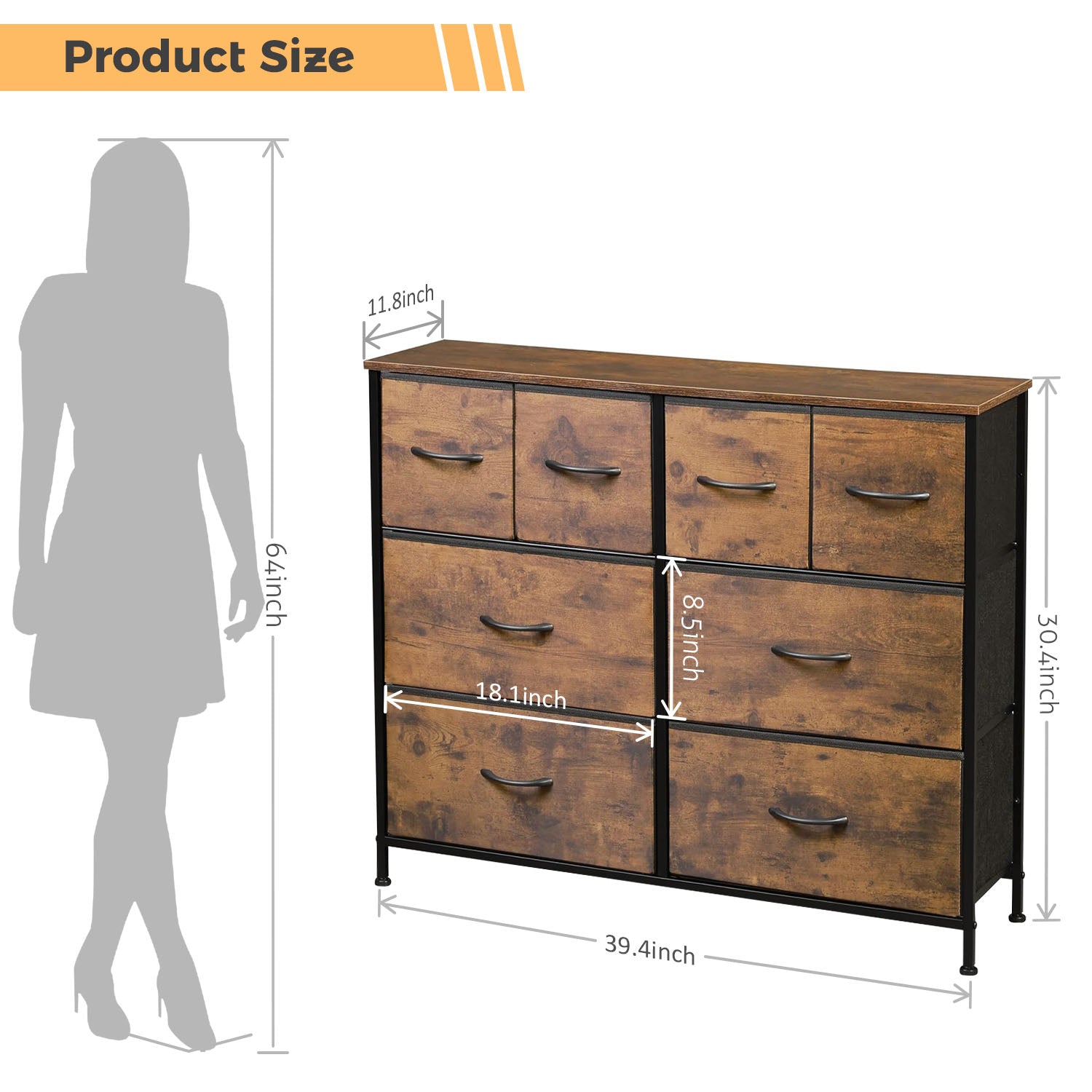 LIFERECORD 8 Drawers Dresser, Fabric Closet Chests Storage Organizer Tower with Wooden Top Metal Frame for Bedroom Living Room Hallway Entryway, Brown