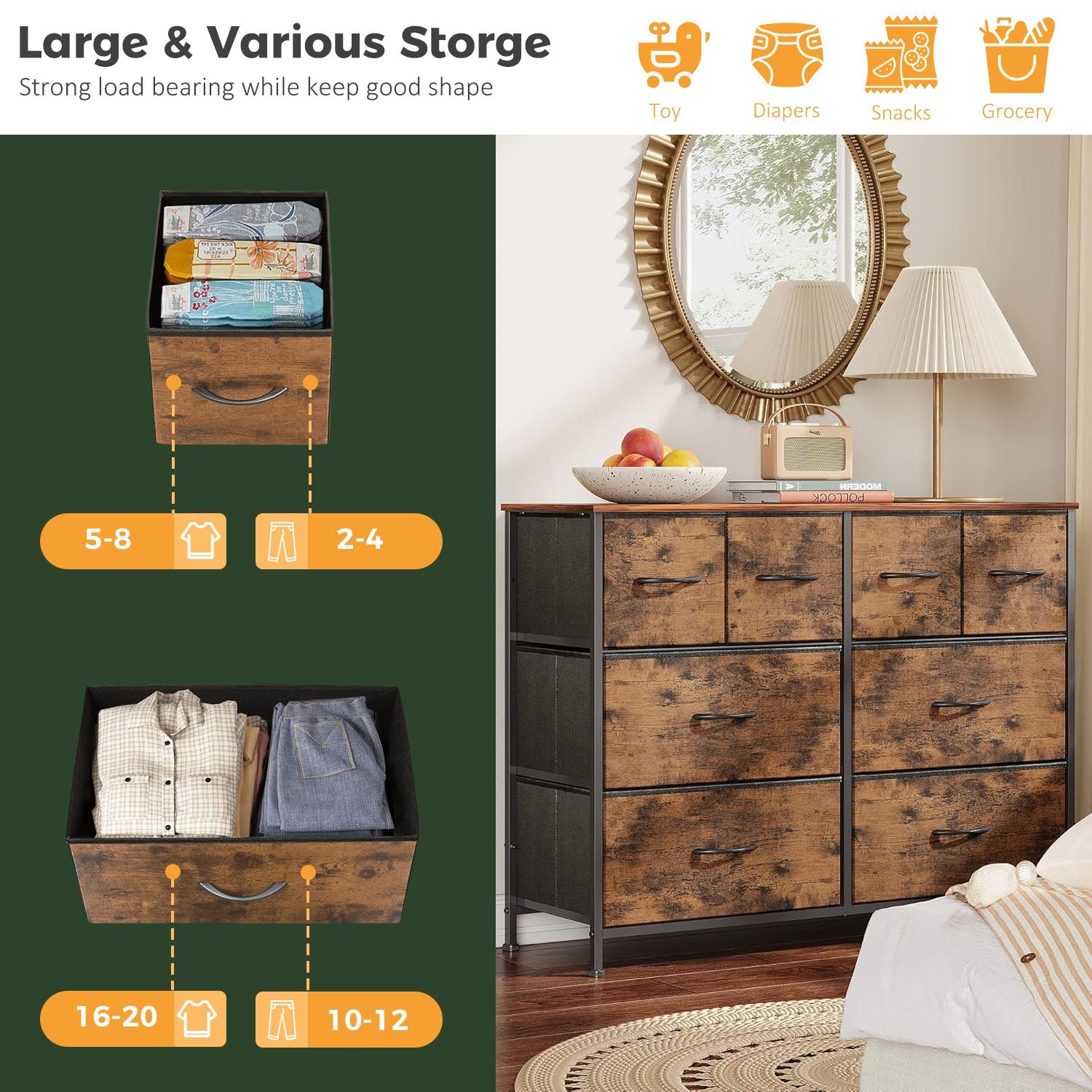 LIFERECORD 8 Drawers Dresser, Fabric Closet Chests Storage Organizer Tower with Wooden Top Metal Frame for Bedroom Living Room Hallway Entryway, Brown