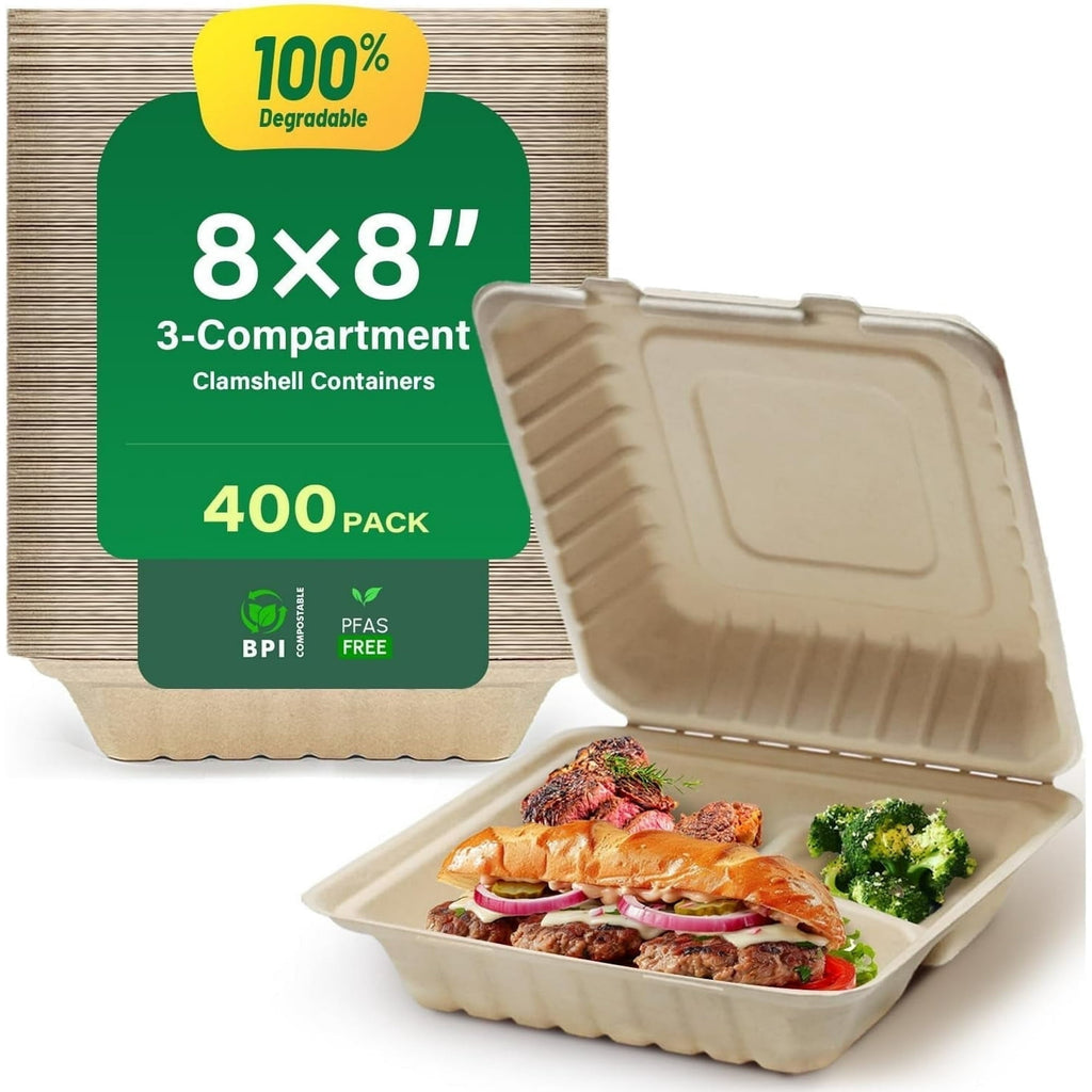 Airdown Compostable Clamshell Food Containers for Takeout - Heavy-Duty Quality. Made from Natural Sugar Cane Fibers, Eco-Friendly & Biodegradable